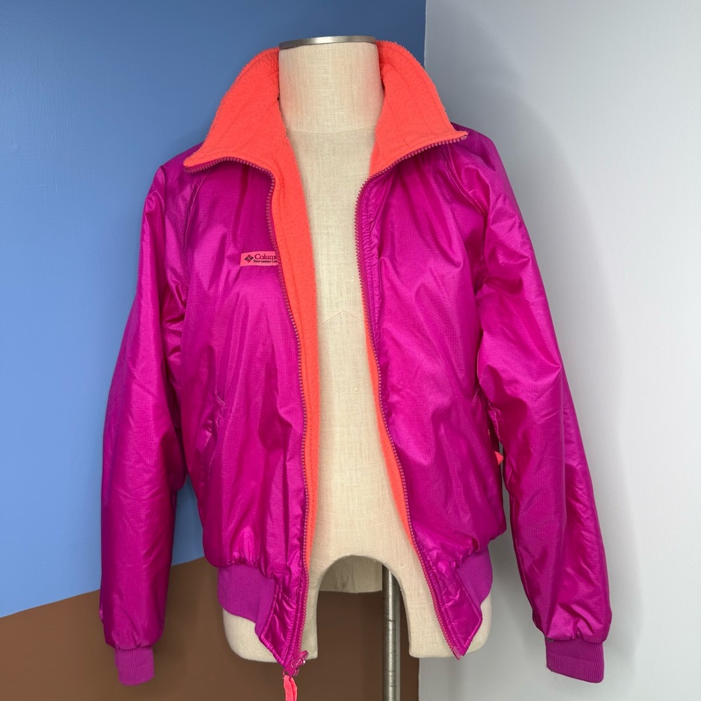 Vintage Columbia Women's Fleece Lined Nylon Jacket Large Fuchsia Pink Orange